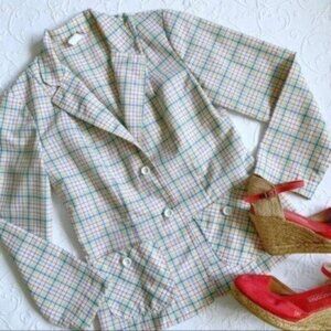 Vintage 1970s Plaid Red White Blue Yellow & Green Blazer with Pockets XS/S